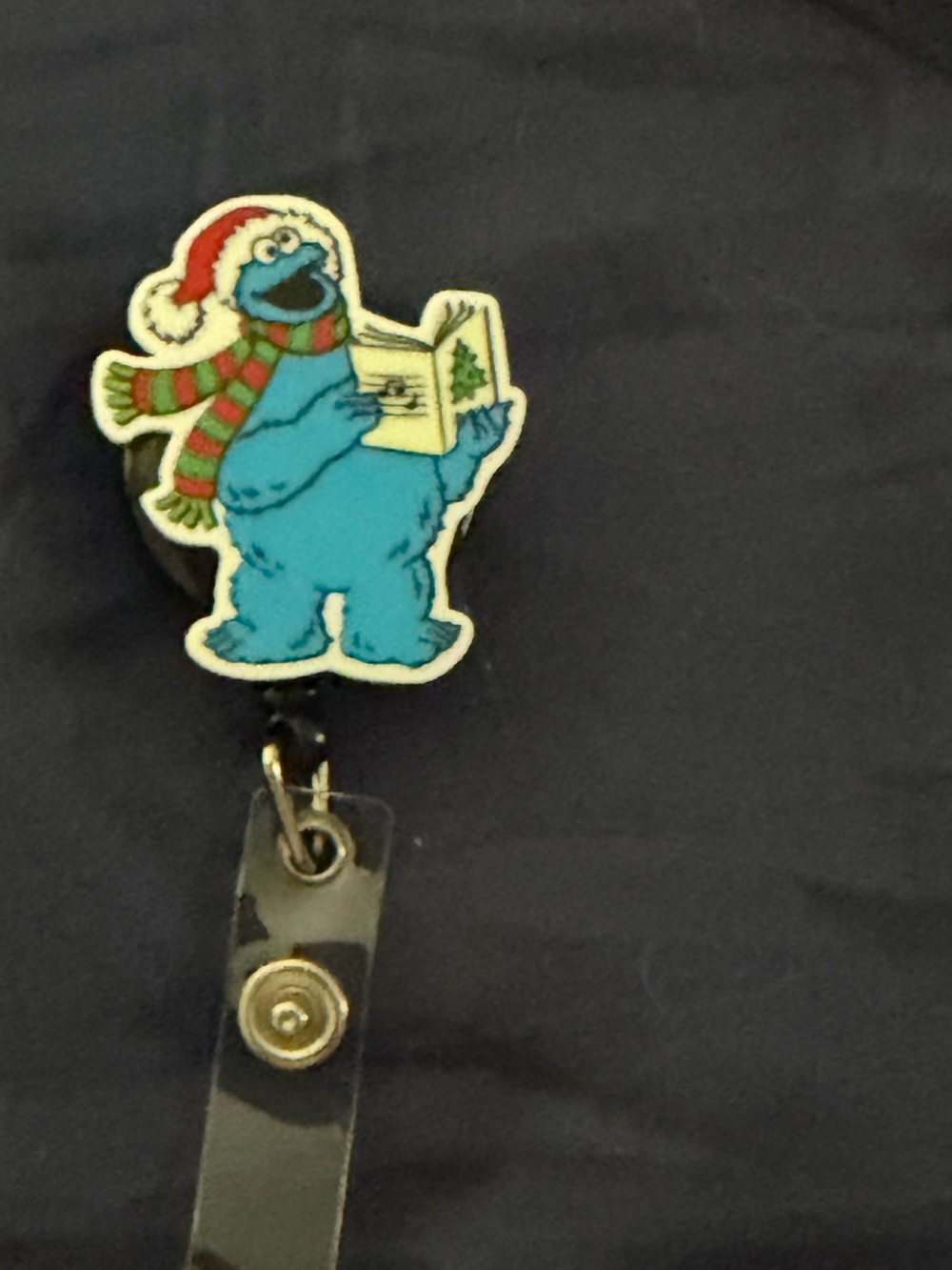 Blue Cookie Monster Badge Reel with Holiday Design